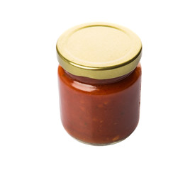 Spaghetti sauce in a mason jar over white background