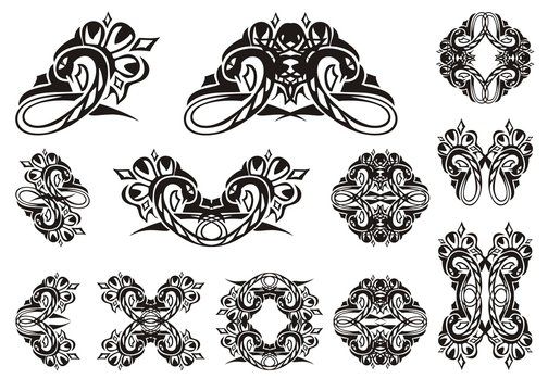 Tribal snake symbols. Set of vector snakes isolated on white. Tattoo, symbol, snake frame or element