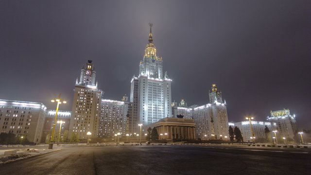 The Main Building Of Moscow State University On Sparrow Hills At Winter timelapse hyperlapse at Night