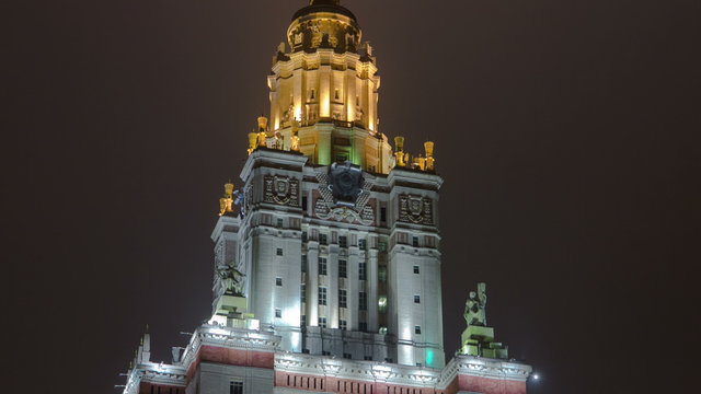 Tower of The Main Building Of Moscow State University On Sparrow Hills At Winter timelapse hyperlapse at Night