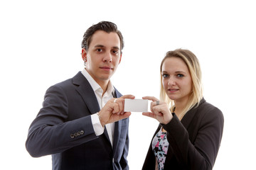 young business couple holding empty card
