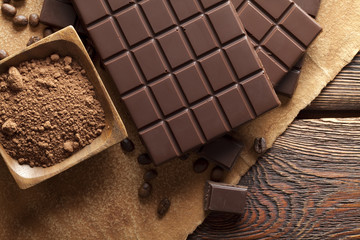 Dark chocolate, cocoa and coffee grains