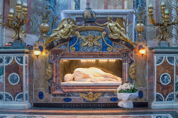 Rome, Italy - October 2015 - Marble statue of St Cecilia on her