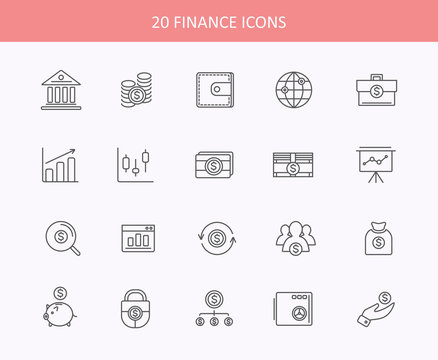 Set of thin, lines, financial service items icons