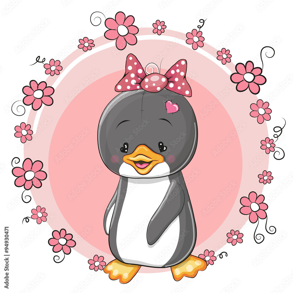 Wall mural penguin with flowers