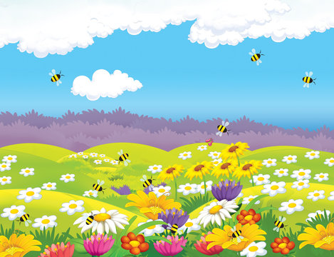 Happy Cartoon Meadow Scene - Illustration For The Children