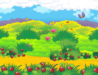 Fototapeta na wymiar Happy cartoon meadow scene - illustration for the children