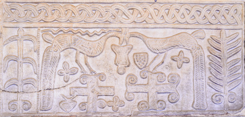 Ancient antic roman early christian stone bas-relief or part of sarcophagus