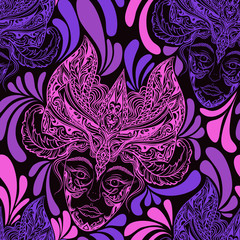 Vintage seamless pattern Carnival party with female head in masquerade maskand splashes.Hand drawn vector illustration. Retro invitation design,card, print, t-shirt, postcard