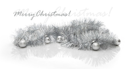 Greeting card made of silver tinsel with silver christmas balls