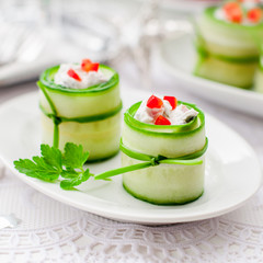 Cucumber Rolls Stuffed with Feta, Herbs, Capsicum and Black Oliv
