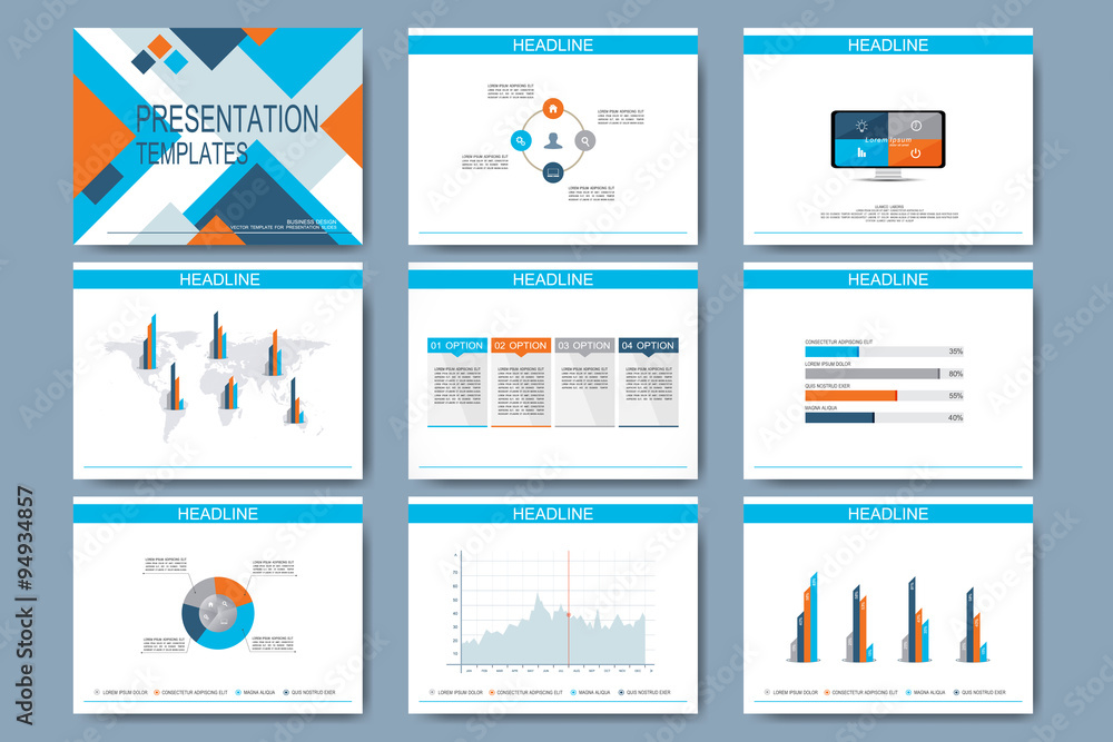 Aufkleber Set of vector templates for multipurpose presentation slides. Modern business design with graph and charts
