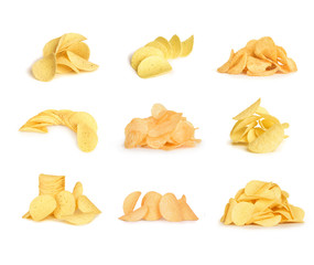 Collage of potato chips isolated on white background