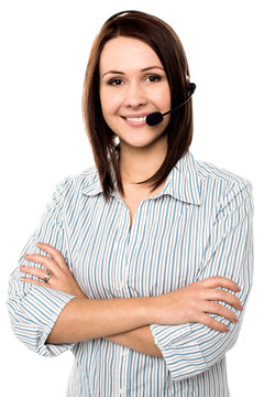 Smiling female customer care executive
