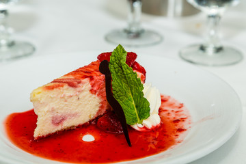 Mint Leaf Garnish on Strawberry Cheesecake
