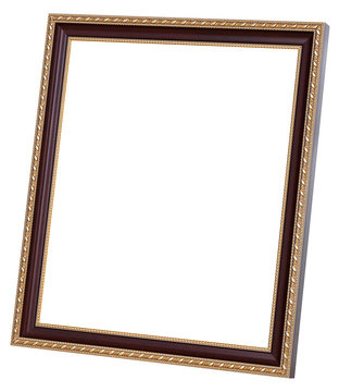 Wood with gold border  photo frame isolated on white background