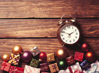 alarm clock and christmas baubles