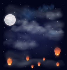 Fototapeta premium Night sky with the moon, stars and chinese wish lanterns. Vector illustration