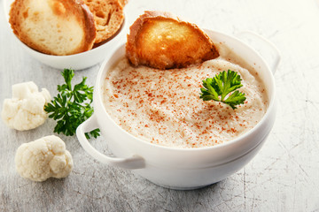 Soup puree cream with cauliflower and croutons