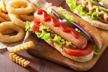 hotdog with ketchup mustard vegetables and french fries