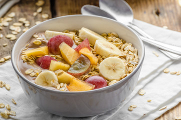 Homemade granola with fruit and chocolate