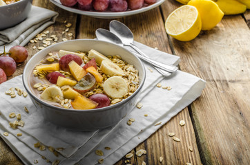 Homemade granola with fruit and chocolate