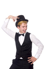 Young man in black classic vest and hat isolated on white