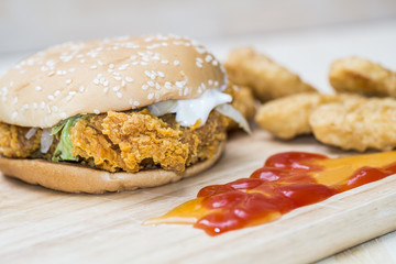 .Big hamburger, chicken nuggets and French fries