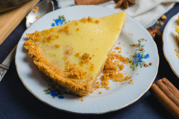 Delicious homemade cake filled with lemon and sweet milk with decor