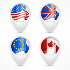 Map pointers, GPS markers with flags on white, 