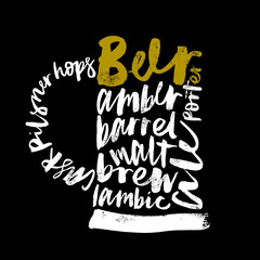 Beer illustration. Print for bar, restaurant. Calligraphy.