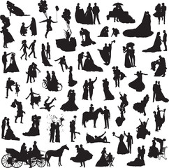 set of silhouettes of wedding couples in different situations