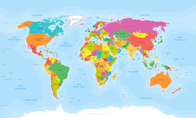 Obraz premium Wektor mapa świata. Etykiety angielskie / amerykańskie