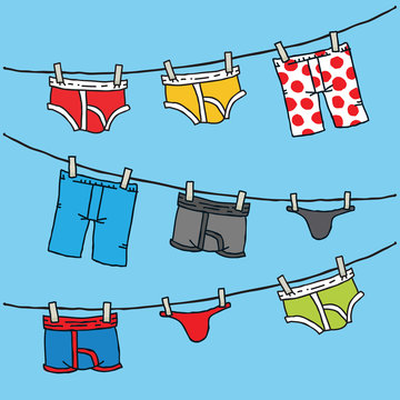 A set of a variety of colorful, cartoon underwear hang to dry on an outdoor  clothesline. Stock Vector | Adobe Stock