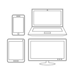 Electronic devices. Laptop, tablet, smartphone and monitor. Outline vector design template