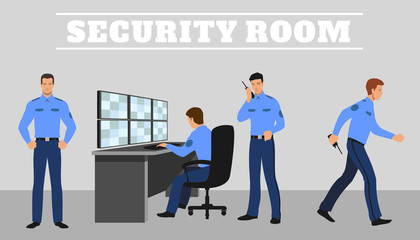 Security room and working guards. Vector concept illustration