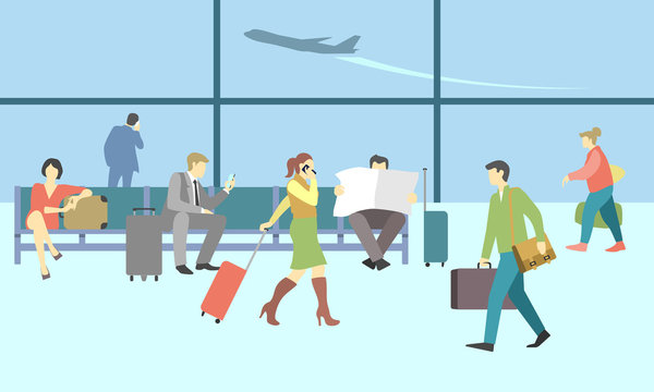 Business people in airport terminal. Vector travel concept background