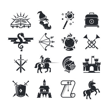 Fantasy tale black vector icons set