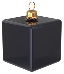 New Year's Eve bauble Christmas ball cube geometric unusual black decoration hanging adornment. Traditional wintertime holidays home square ornament Merry Xmas symbol shiny blank. 3d render isolated