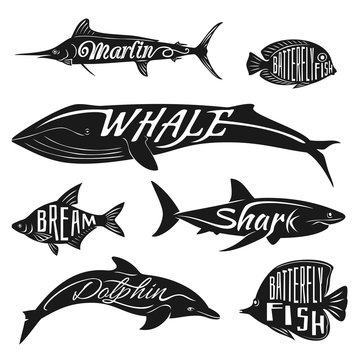 Retro, vintage fish with names. Vector tattoo set