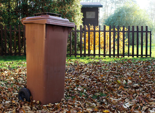 Garden with brown dustbin for autumn fallen leaves