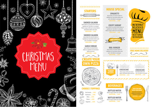 Vector restaurant brochure, menu design. Vector cafe template with hand-drawn graphic. Food flyer.