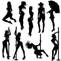 Various sexy female poses in black and white silhouettes. All elements in each file is separate for easy editing.