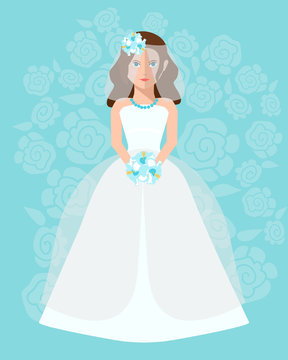 The bride in a long wedding dress with a bouquet of flowers. Vector illustration in a flat style. Wedding poster, invitation, decoration. Wedding fashion, princess style