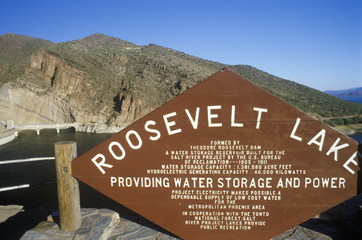 Sign at Theodore Roosevelt Dam at Theodore Roosevelt Lake, AZ - obrazy, fototapety, plakaty