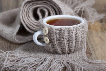 A cup of hot tea in cover - warmer