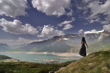 Woman alone at Mont-Cenis, Mountain, France, Europe