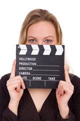 Brown dress girl holding clapperboard isolated on white