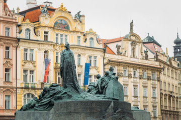 Fototapeta premium Jan Hus Memorial on the Old Town Square in Prague, Czech Republi
