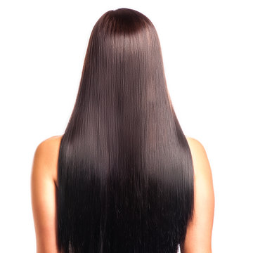 Back view of a woman with long straight black hair.